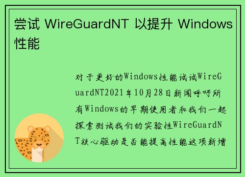尝试 WireGuardNT 以提升 Windows 性能 
